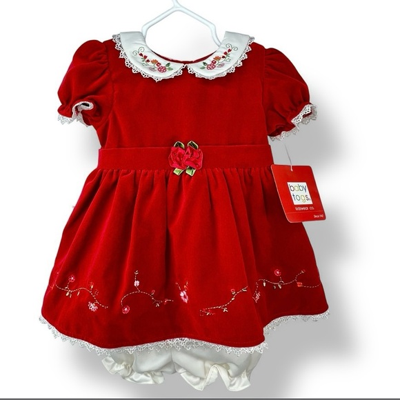 VTG Baby Togs Red Velvet Dress Embroidered Flowers W/bloomers 6/9Mo Girls NWT - Picture 1 of 11